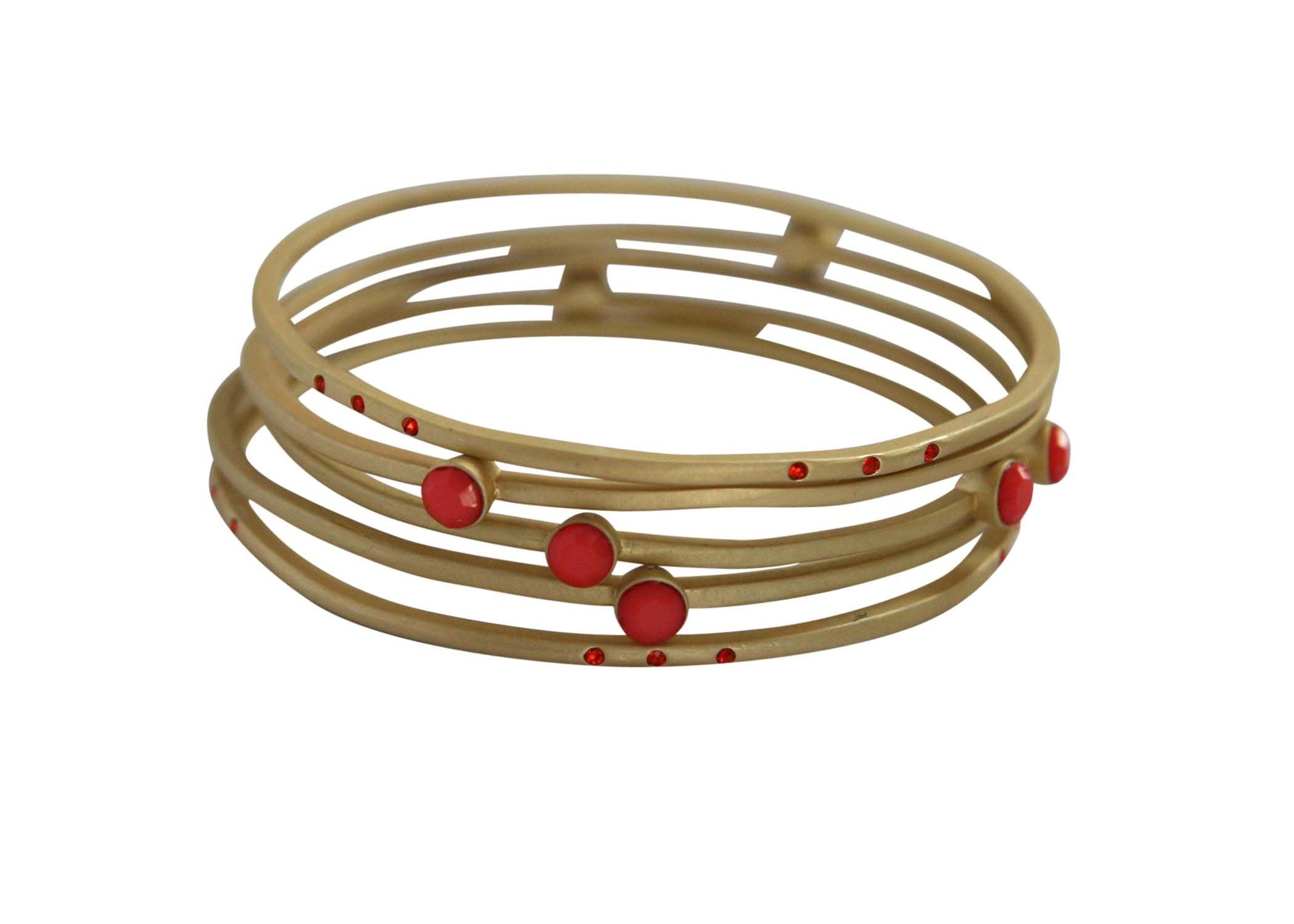 The zirconmania Bracelets Gold Stack-able .622B0102 features gold-toned open bands adorned with sparkling red stones and subtle dot details, offering a stylish, modern look.