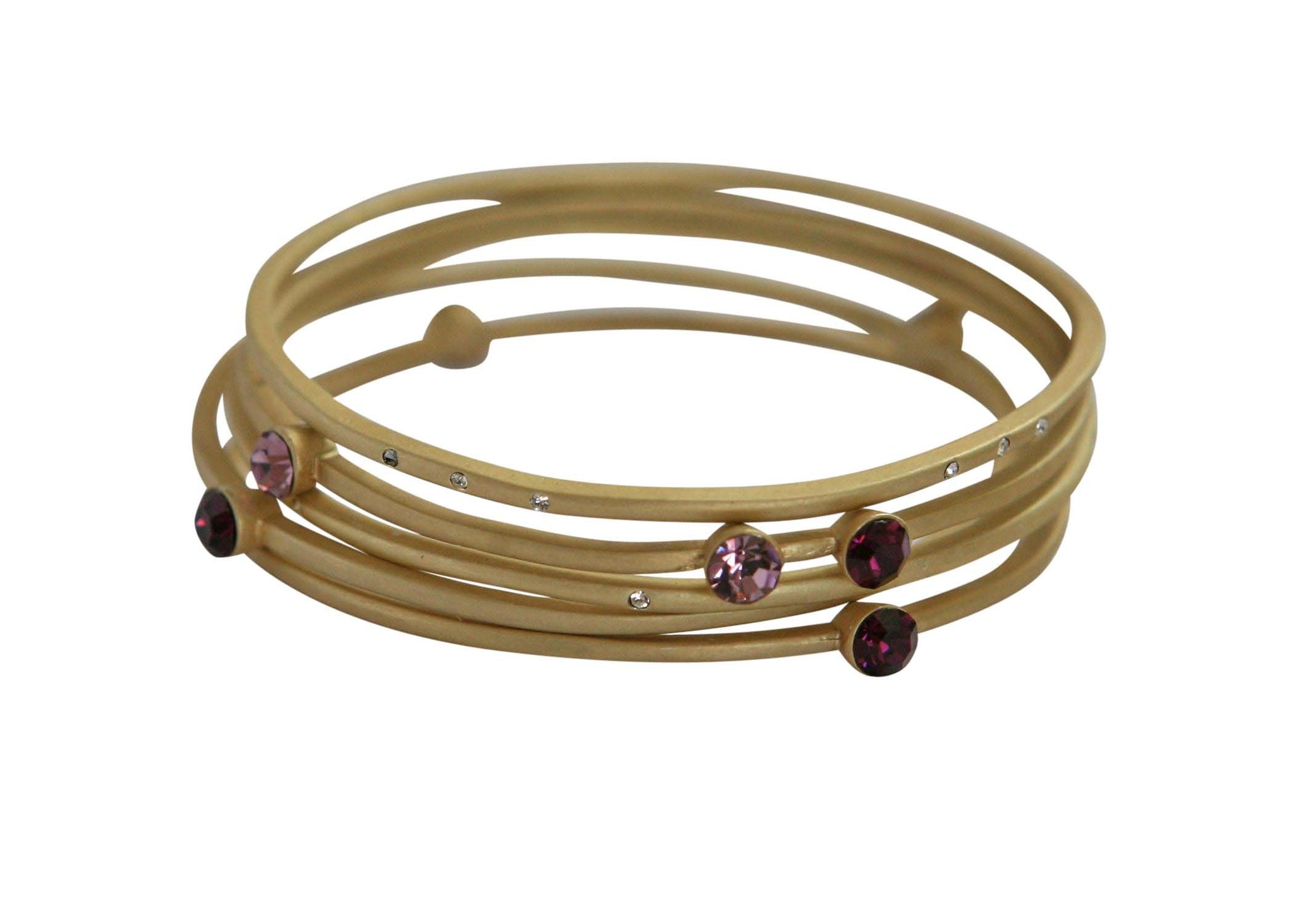 The zirconmania Bracelets Gold Stack-able .622B0102 features multiple thin gold bands accented with small clear gems and larger purple and deep red stones for a striking layered look.