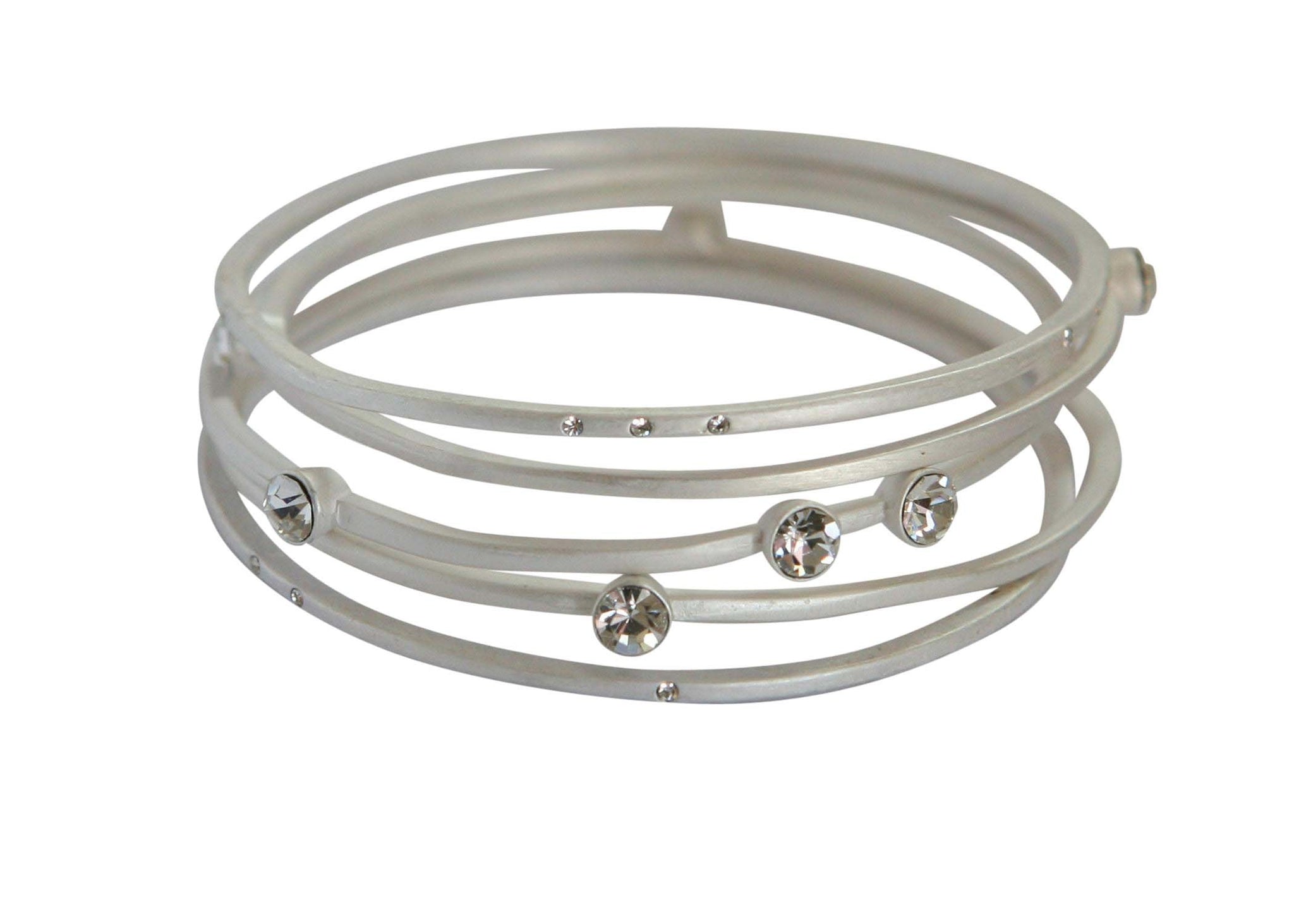 The zirconmania Bracelets Gold Stack-able .622B0102 features multiple overlapping gold bands accented with clear, round gemstones for a modern, minimalist style. Displayed on a white background.