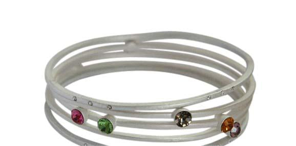 The zirconmania Bracelets Gold Stack-able .622B0102 features white multi-strands with pink, green, brown, and orange gemstones plus sparkling crystals—a vibrant accessory that adds stylish elegance to any outfit.