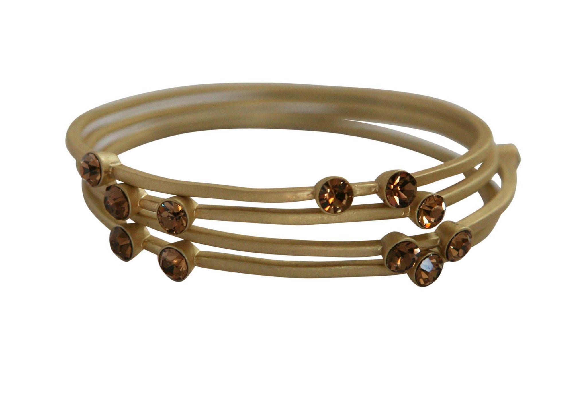 The zirconmania Bracelets Gold Stack-able .622B0102 features three slim gold bangles, each set with small round brown gemstones, perfect for adding elegant style to any outfit.