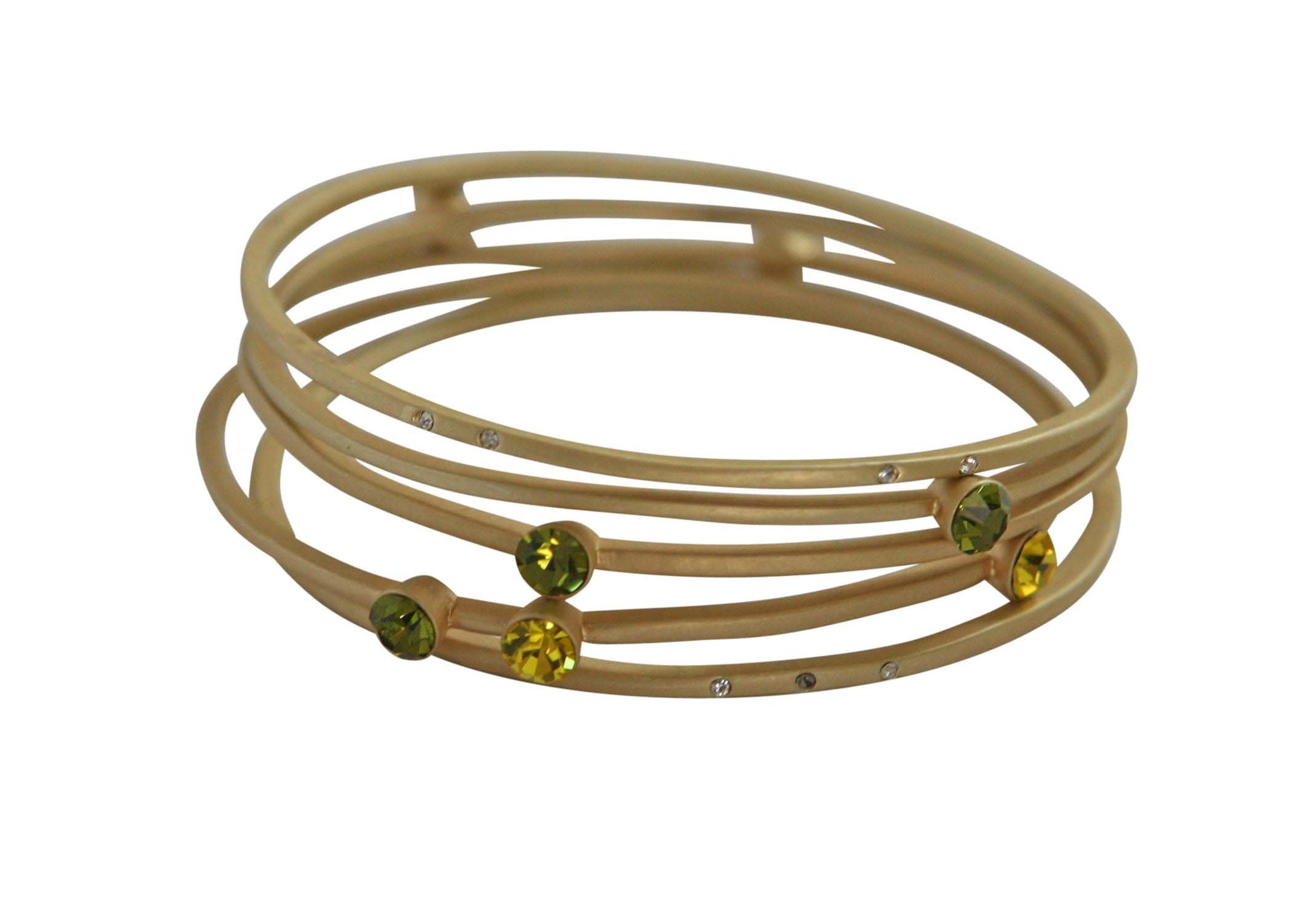 Zirconmanias Bracelets Gold Stack-able .622B0102 feature slim, gold-toned bangles with green gemstones and rhinestones, elegantly presented on a white background—ideal for elevating any outfit with a hint of glamour.