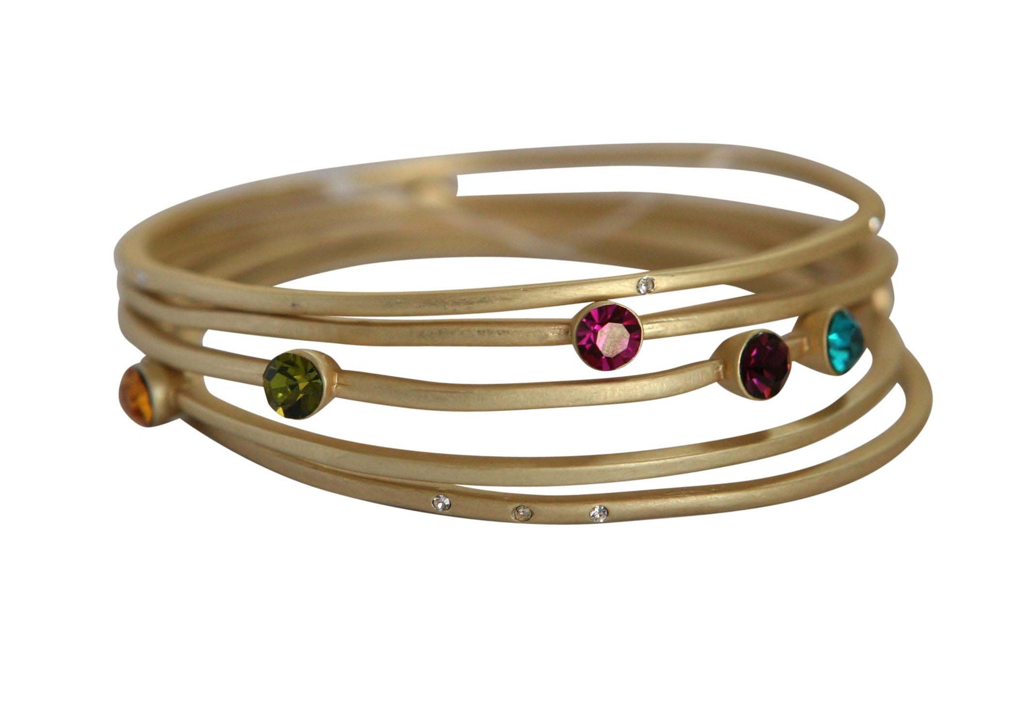 The zirconmania Bracelets Gold Stack-able .622B0102 features four thin, overlapping gold bands with vibrant green, pink, orange, and blue gemstones plus sparkling clear stones for a colorful, modern look.