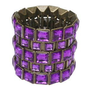 Substantial 5-Row shifted large and small square shape crystal embedded stretch bracelet