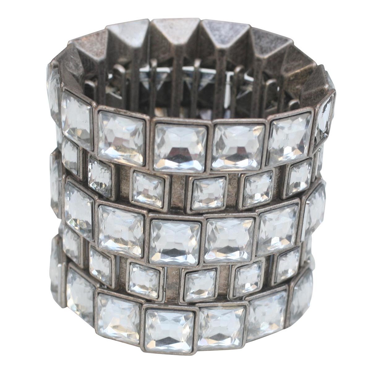 Substantial 5-Row shifted large and small square shape crystal embedded stretch bracelet