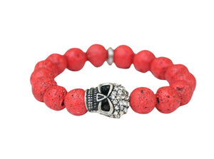 Bracelet 12mm Fossil style Beads with Crystal Pave Skull Stretch  622B0232