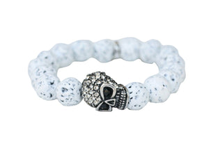 Bracelet 12mm Fossil style Beads with Crystal Pave Skull Stretch  622B0232