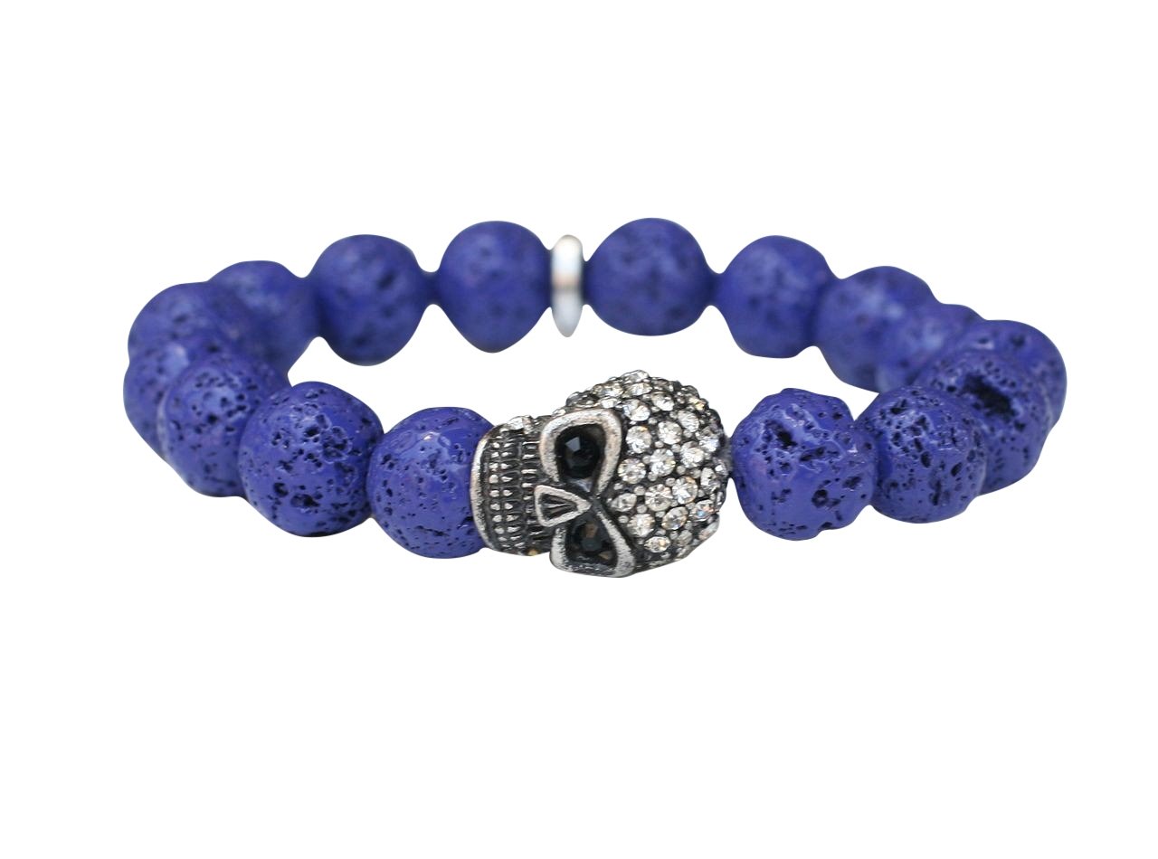 Bracelet 12mm Fossil style Beads with Crystal Pave Skull Stretch  622B0232