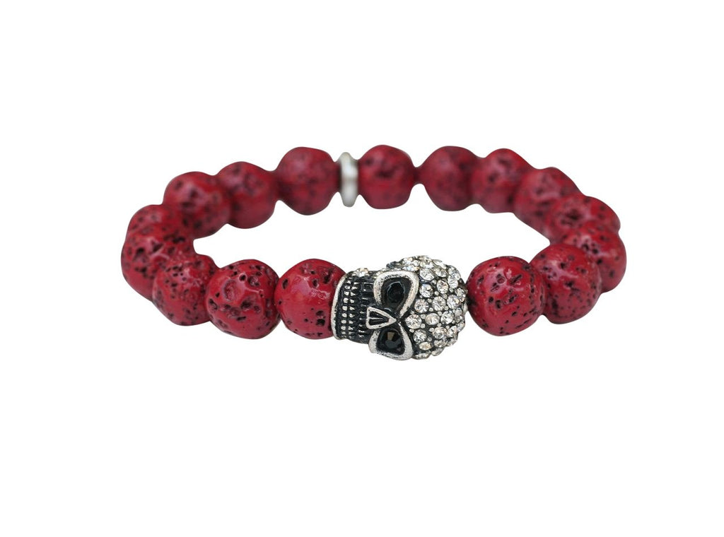 Bracelet 12mm Fossil style Beads with Crystal Pave Skull Stretch  622B0232