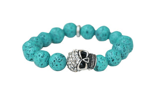 Bracelet 12mm Fossil style Beads with Crystal Pave Skull Stretch  622B0232