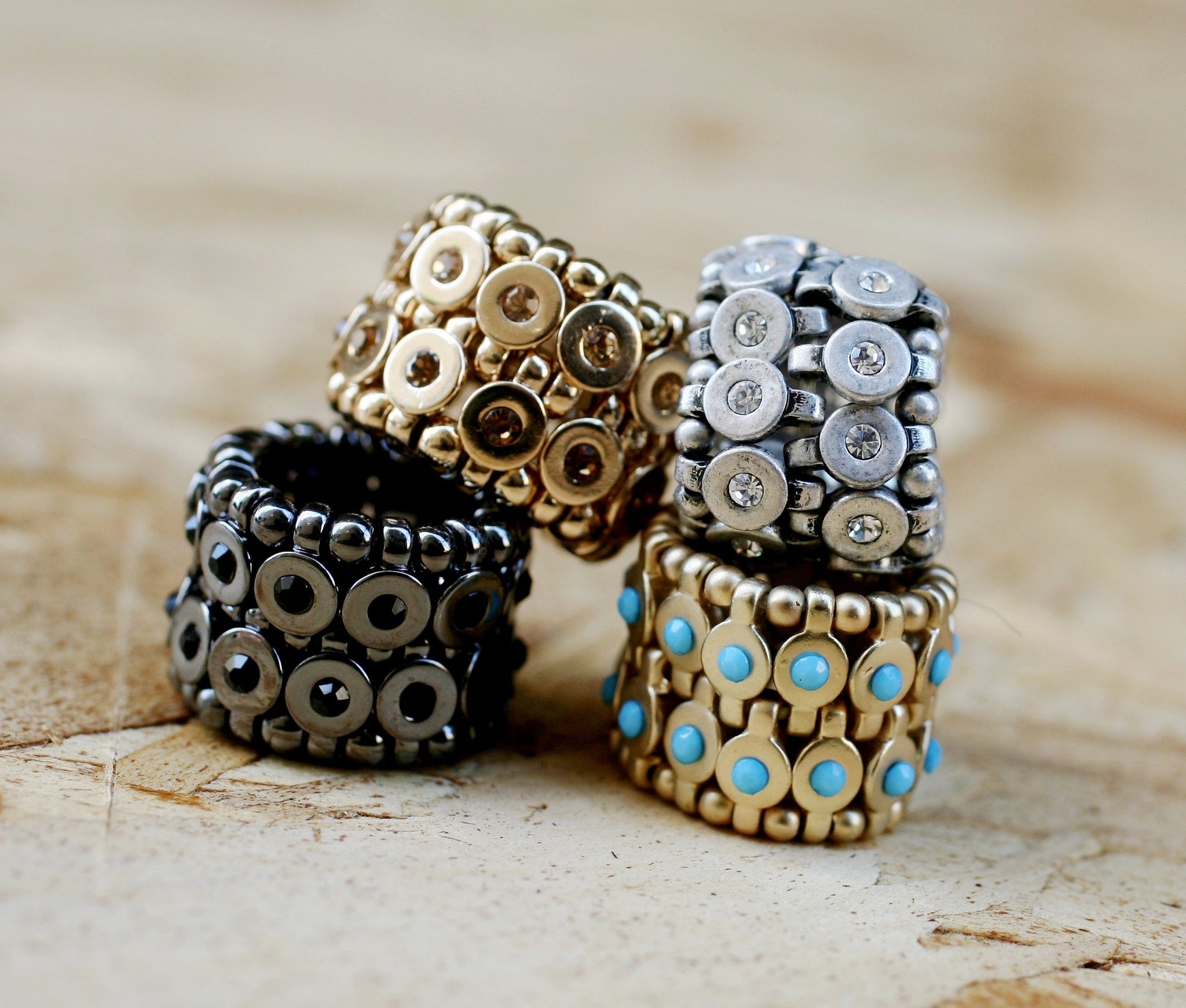 Ring Stretchable 2-Row Disc Ring with crystal stone embedded centers  622R0028