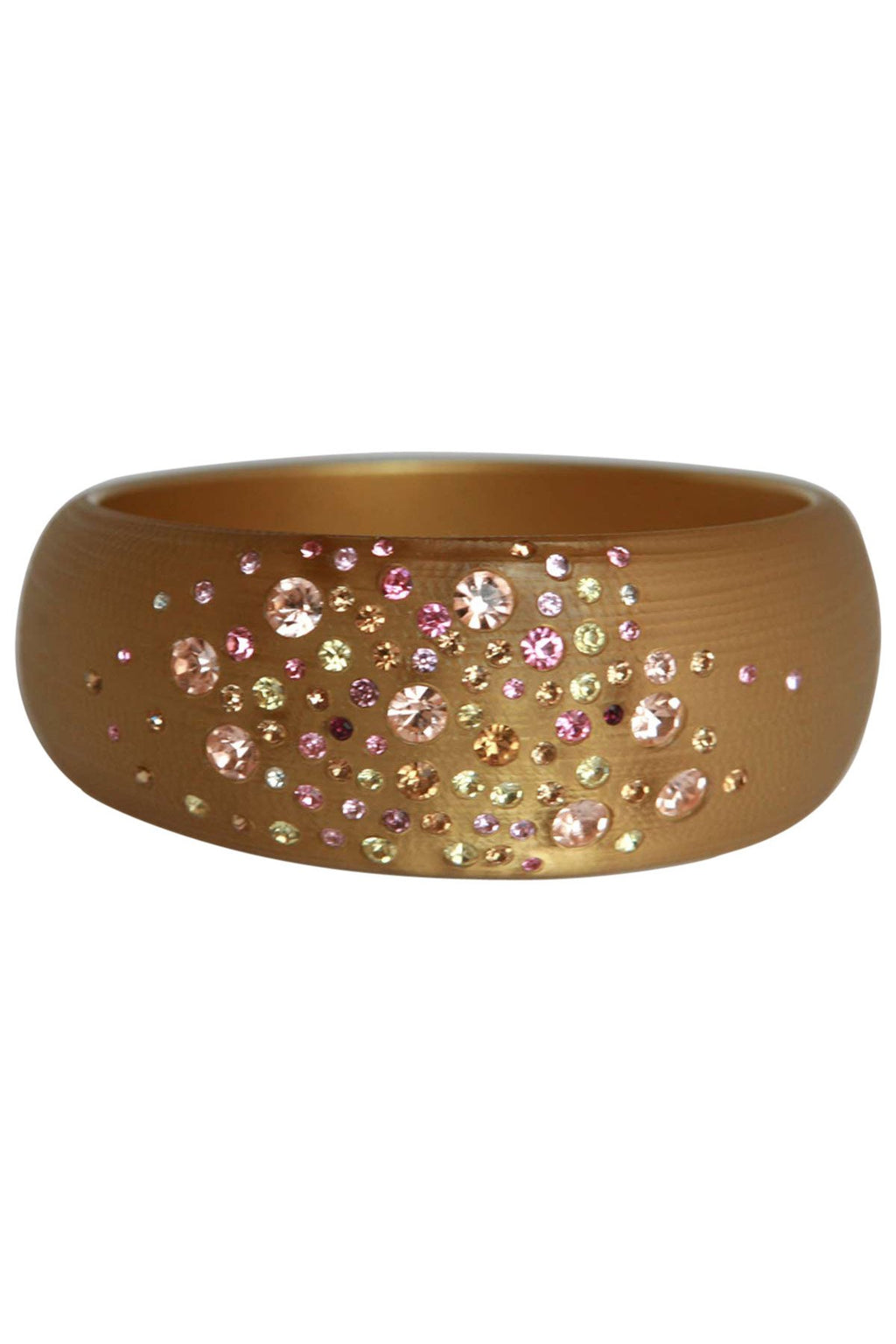 The zirconmania Bracelet Jeweled frosted wide bangle 629B81361 features a matte gold finish adorned with clusters of small pink, yellow, and clear gemstones scattered across its surface.
