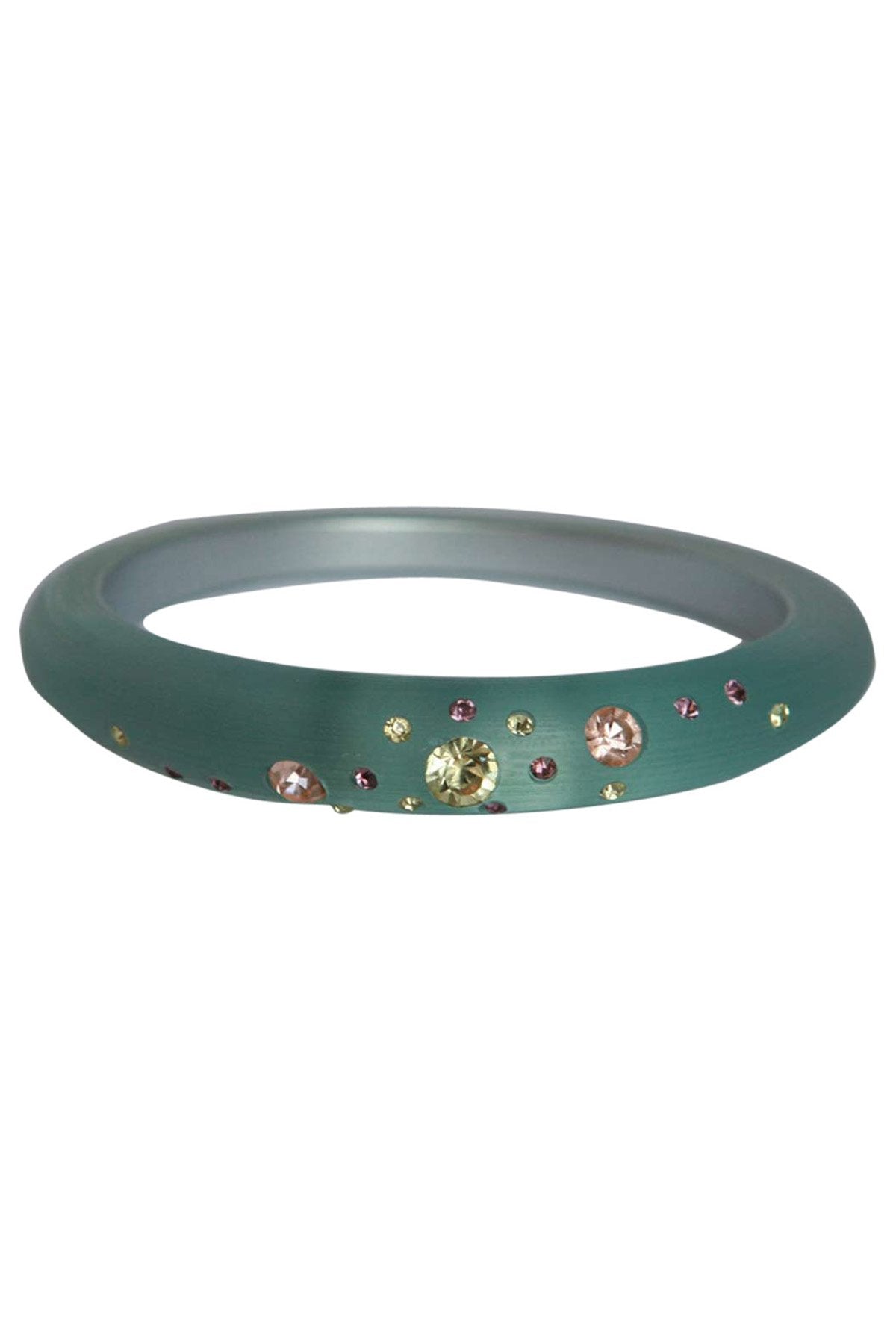 The zirconmania Bracelet Jeweled frosted slender bangle 629B364 is a slim teal bracelet adorned with sparkling multicolored gemstones, including yellow and pink, scattered across its surface.