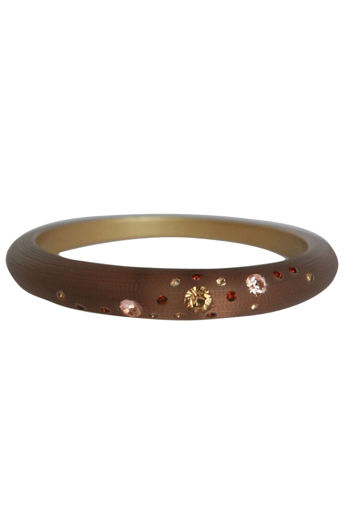 The zirconmania Bracelet Jeweled frosted slender bangle 629B364 features a slim brown band with a smooth finish, adorned with small round multicolored gemstones in a scattered design.