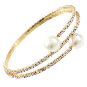 The zirconmania Bracelet Genuine Czech open pearl ends two row Bangle (629B82256) features two gold elastic bands—one sparkling with Czech crystals, the other smooth—finished with elegant pearl ends.