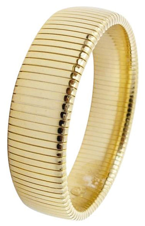 The zirconmania Bracelet Flat & Wide Flexible Omega Style Bangle 631B230 features a smooth, shiny finish with thin, evenly spaced vertical grooves around the band for a chic look.