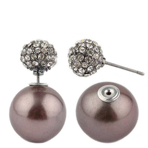 The zirconmania Earrings Classic Double Sided Peek-a-Boo Style feature large metallic brown pearls on one side and smaller pave ball studs encrusted with clear rhinestones on the other. Model: 633E0588.
