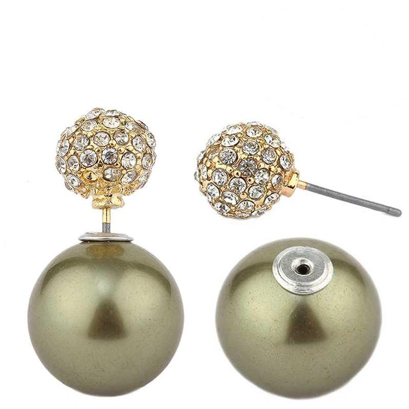 Zirconmania Earrings Classic Double sided peek-a-boo style: one side features a large smooth gold pearl, the other a smaller pave ball encrusted with clear rhinestones. One earring is shown opened to display the post. Model 633E0588.