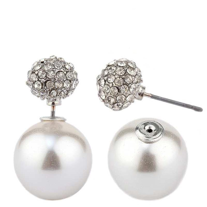 The zirconmania Earrings Classic Double sided peek-a-boo style pave ball and pearl (633E0588) feature large white pearls on one side and smaller round pave ball studs on the other, with one earring shown assembled and the other separated.