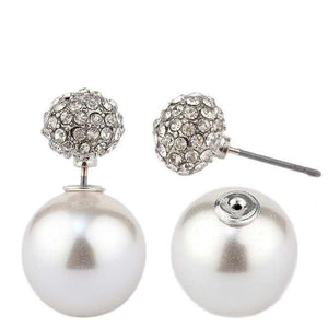 The zirconmania Earrings Classic Double sided peek-a-boo style pave ball and pearl (633E0588) feature large white pearls on one side and smaller round pave ball studs on the other, with one earring shown assembled and the other separated.