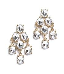 The zirconmania Earrings Oval Acrylic Faceted .633E0213 are chandelier earrings with multiple oval clear acrylic stones set in gold-tone metal, arranged in a cascading design.