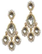 Zirconmania Earrings Oval Acrylic Stones 633E0289 feature elegant gold design with multiple teardrop-shaped clear acrylic stones and small crystals, adding a sparkling, classic touch to any look.