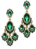 The zirconmania Earrings Oval Acrylic Stones 633E0289 are ornate gold chandelier earrings featuring multiple oval acrylic stones, each bordered by smaller green gems in an elegant, intricate design.
