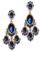 Zirconmania Earrings Oval Acrylic Stones 633E0289 feature large, deep blue oval acrylic stones accented by smaller blue gems in an elegant, dangling chandelier design.