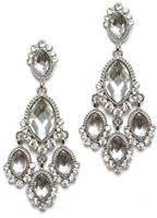 The zirconmania Earrings Oval Acrylic Stones 633E0289 are ornate silver chandelier earrings with multiple teardrop-shaped clear gemstones and oval acrylic stones in a decorative cascading design.