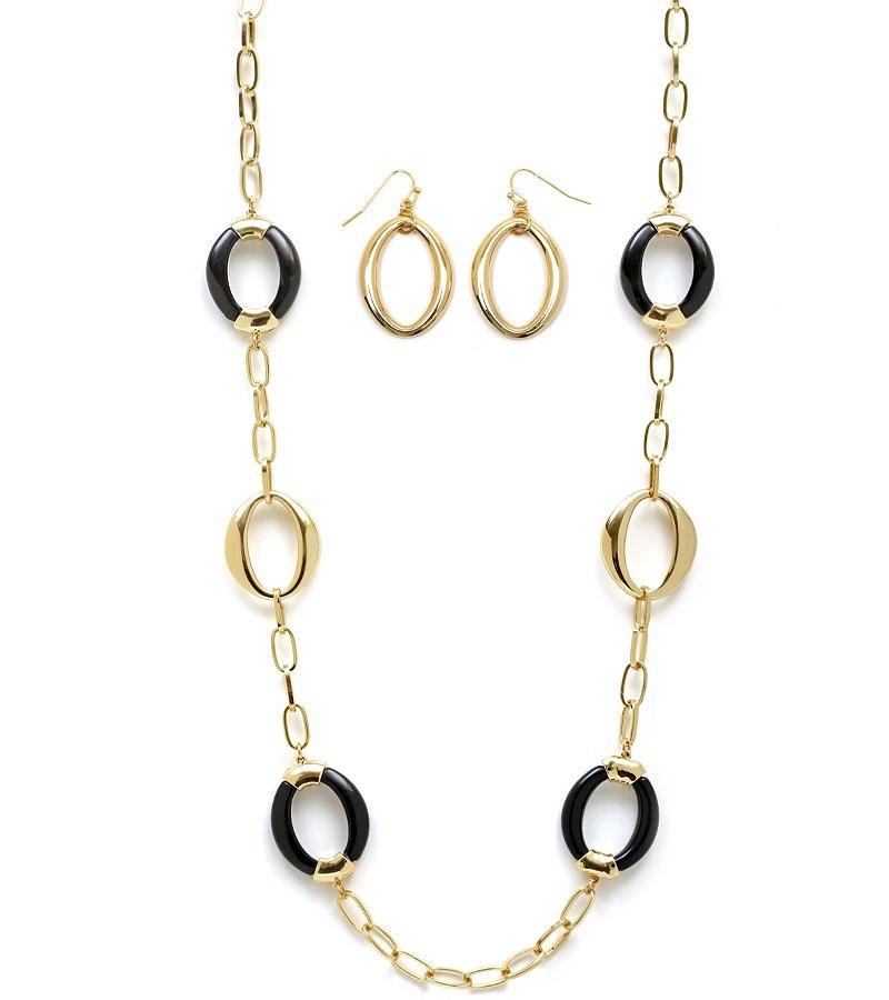 ROUND ACRYLIC AND GOLD EARRING AND NECKLACE SET - White/Black