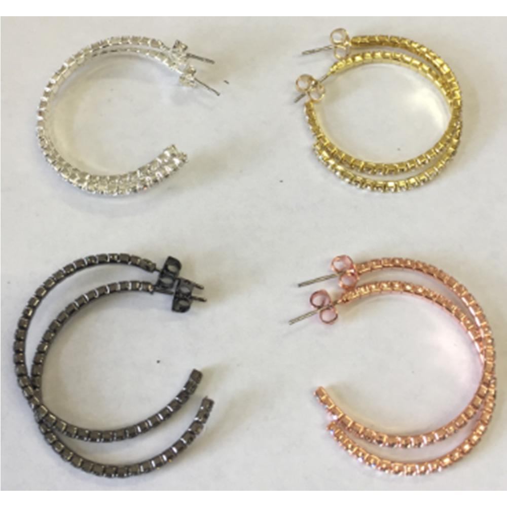 Four pairs of zirconmania 30mm Electroplated Feather Weight Hoop Earrings (637E14302) in silver, gold, black, and rose gold are arranged in a square on a white surface, each featuring a row of small square-cut stones along the hoop.