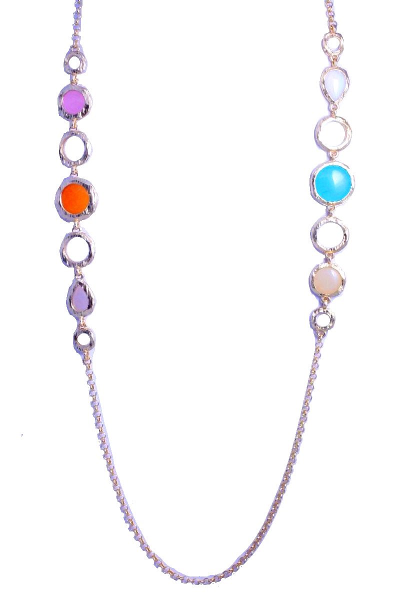 Brushed satin gold necklace with round multi color stone stations 652NR3