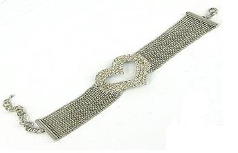 Embedded Heart Shape Multi Link Strand Bracelet - Rhodium