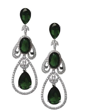 Discover zirconmanias Earrings Large Brilliant Couture Post/French Clip .659E10091, featuring deep green gemstones in rhodium-plated silver with sparkling cubic zirconia outlining teardrop and oval shapes.