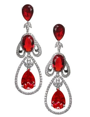 The zirconmania Earrings Large Brilliant Couture Post/French Clip .659E10091 feature large red gemstones in rhodium-plated, ornate silver settings with cubic zirconia accents and elegant loops.