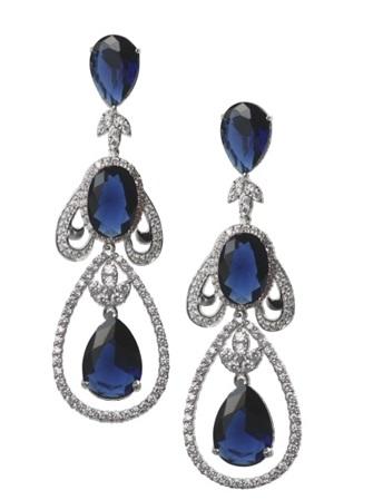 The zirconmania Earrings Large Brilliant Couture Post/French Clip (.659E10091) feature teardrop-shaped blue gemstones accented by intricate silver loops with sparkling white diamonds for a truly elegant look.