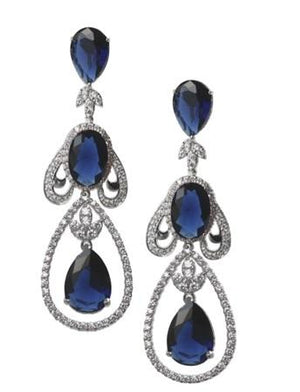 The zirconmania Earrings Large Brilliant Couture Post/French Clip (.659E10091) feature teardrop-shaped blue gemstones accented by intricate silver loops with sparkling white diamonds for a truly elegant look.