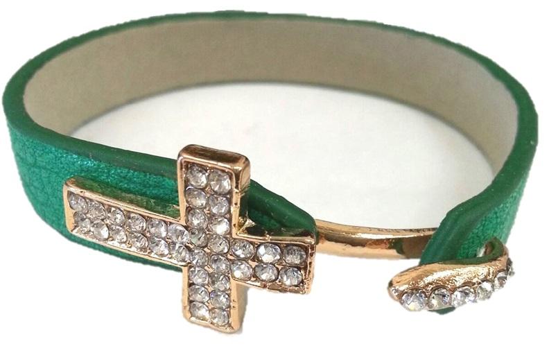 Crystal pave cross leather bracelet