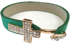Crystal pave cross leather bracelet