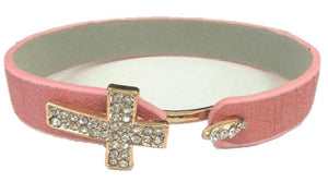 Crystal pave cross leather bracelet
