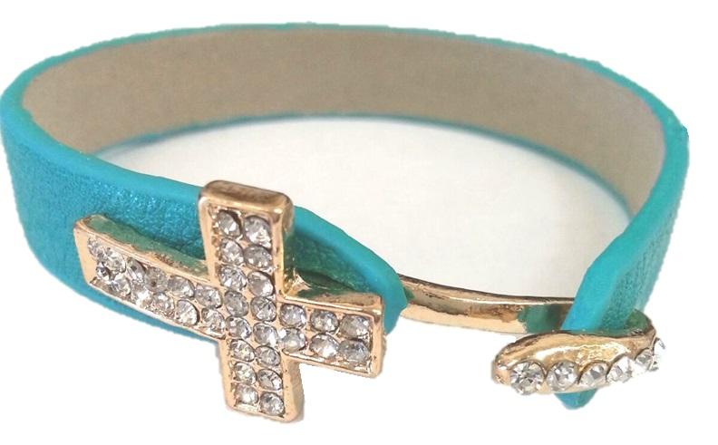 Crystal pave cross leather bracelet