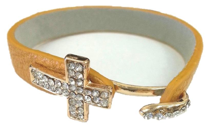 Crystal pave cross leather bracelet