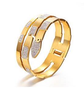 Stainless steel hinged wrap snake bangle paved with high quality crystals stations. SKU:677B100