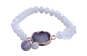 Semi precious faceted Rundel beads stretch bracelet with gold toned centered genuine druzy stone. 688B2234