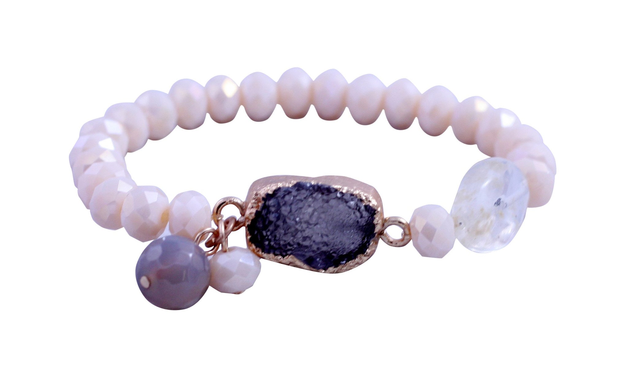 Semi precious faceted Rundel beads stretch bracelet with gold toned centered genuine druzy stone. 688B2234