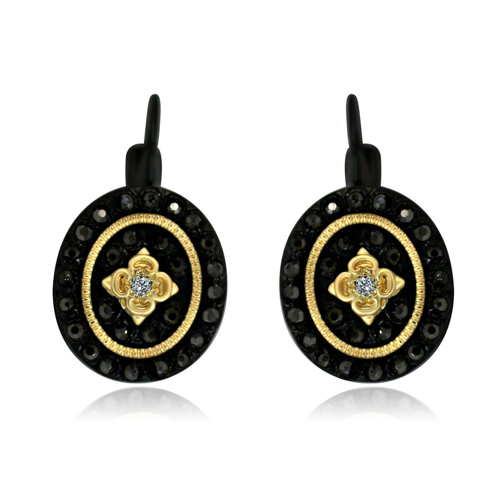 Black and Gold Oval Shaped Earrings with Black Diamond w/ Flower Design in the Center