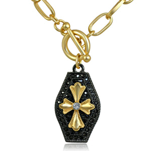Black and Gold Pendant Paved with Black Diamond and Cubic Zirconia in the Center Elongated Chain Link Toggle Clasp
