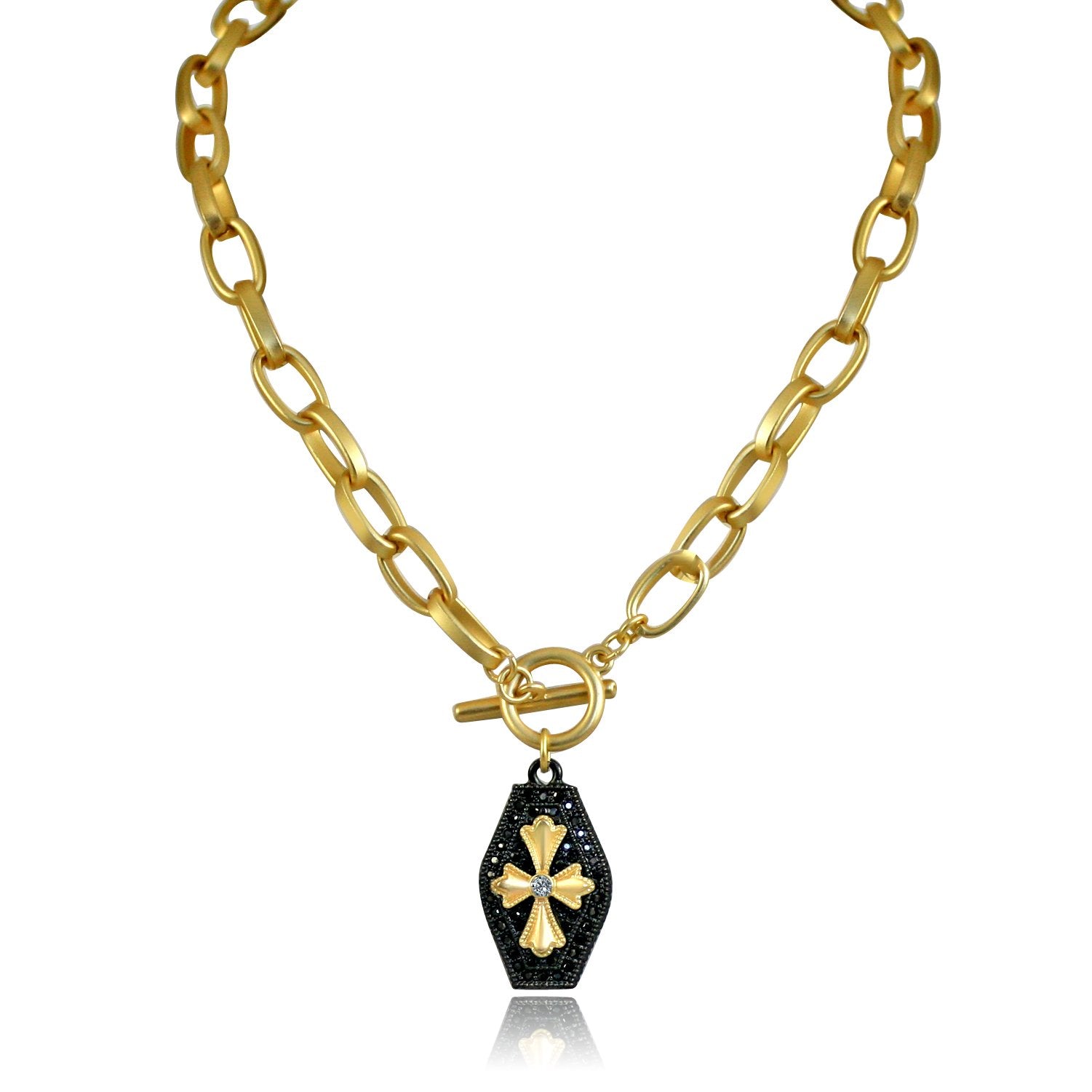 Black and Gold Pendant Paved with Black Diamond and Cubic Zirconia in the Center Elongated Chain Link Toggle Clasp 689N647