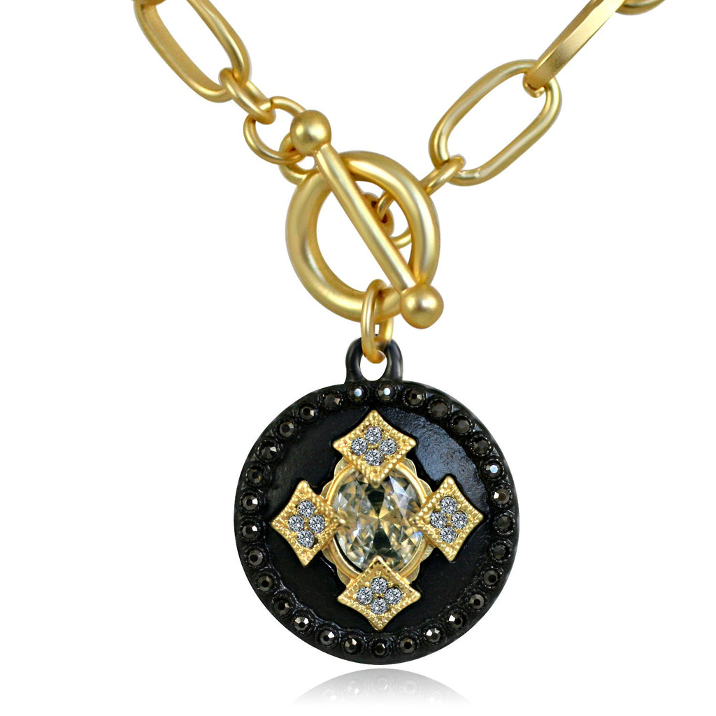 Round Black and Gold Pendant Paved with Black Diamond and Cubic Zirconia w/ Big Center Stone Elongated Chain Link Toggle Clasp 