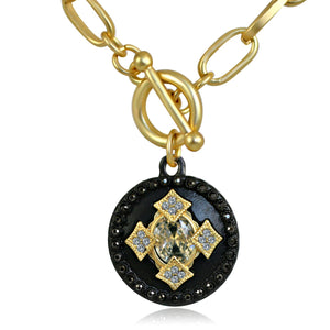 Round Black and Gold Pendant Paved with Black Diamond and Cubic Zirconia w/ Big Center Stone Elongated Chain Link Toggle Clasp 